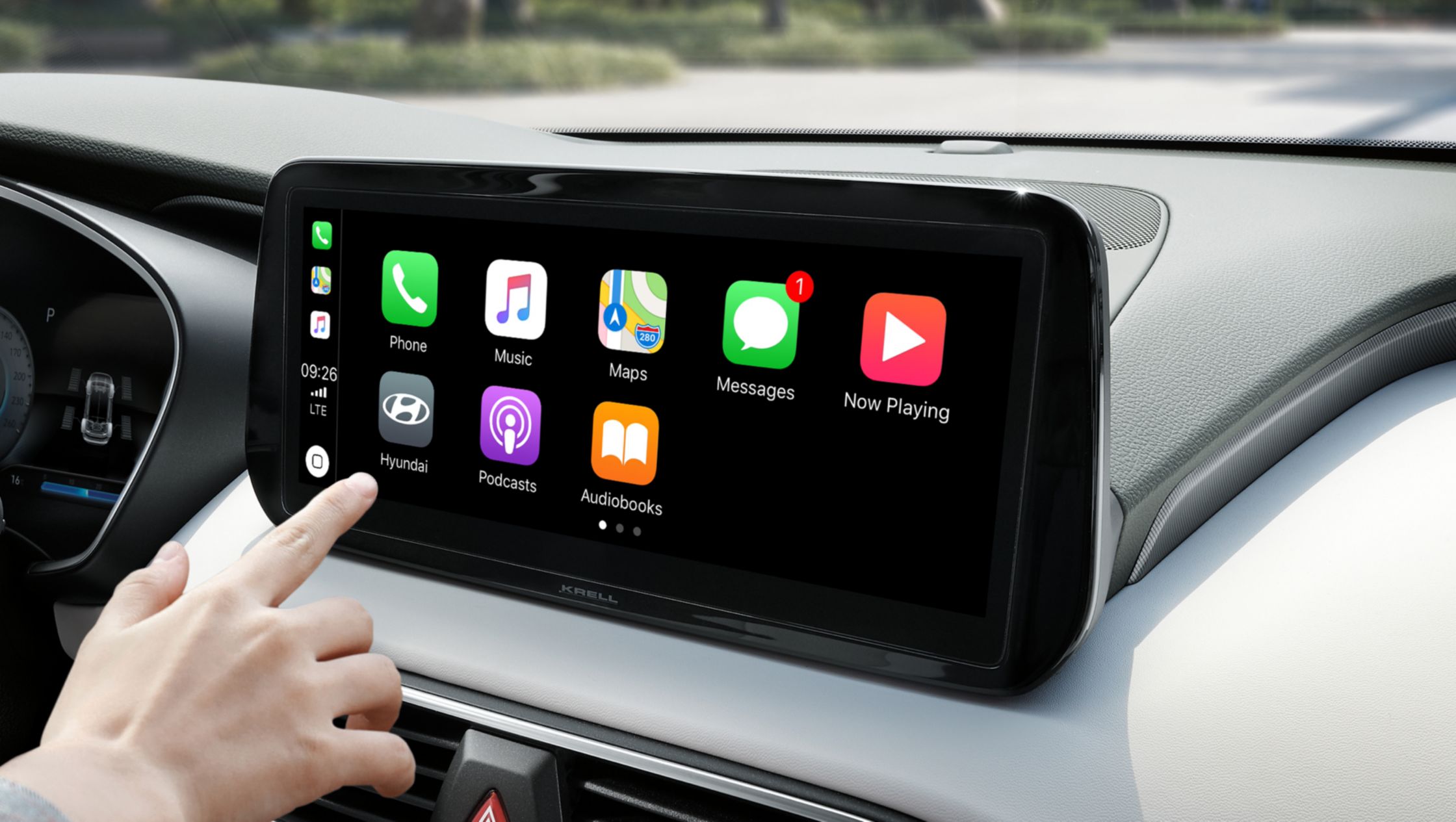 Dotykový displej vozu Hyundai s ikonami Apple Car Play